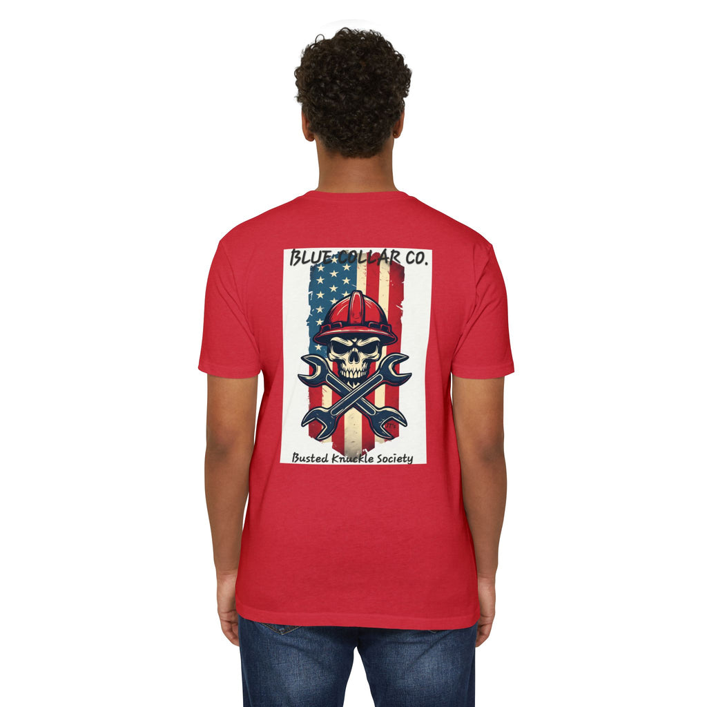 Mechanic Skull American Flag T-Shirt — "Blue Collar Co. Busted Knuckle Society"