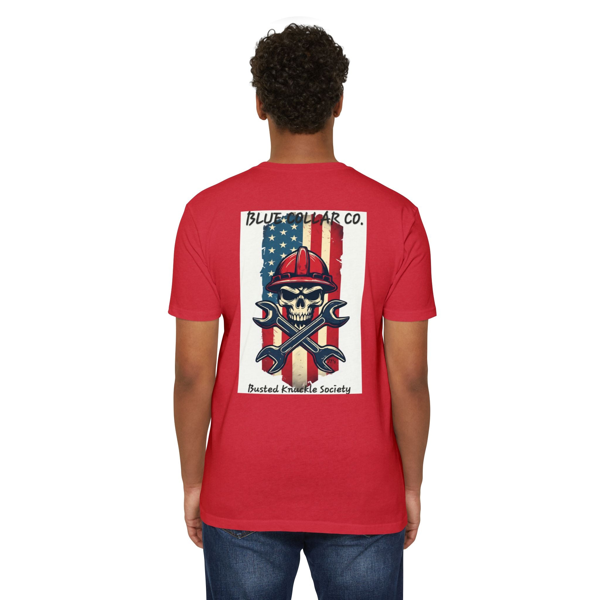 Mechanic Skull American Flag T-Shirt — "Blue Collar Co. Busted Knuckle Society"