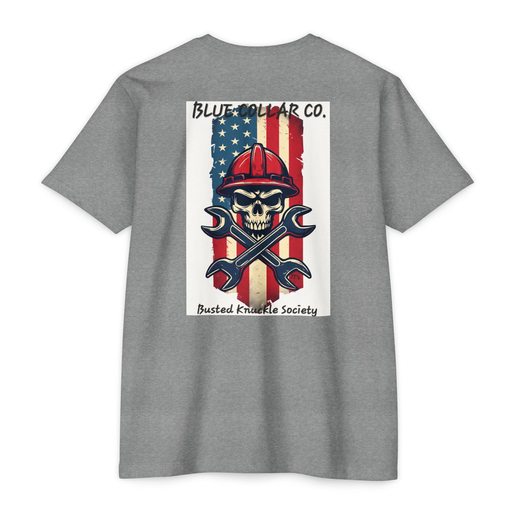Mechanic Skull American Flag T-Shirt — "Blue Collar Co. Busted Knuckle Society"