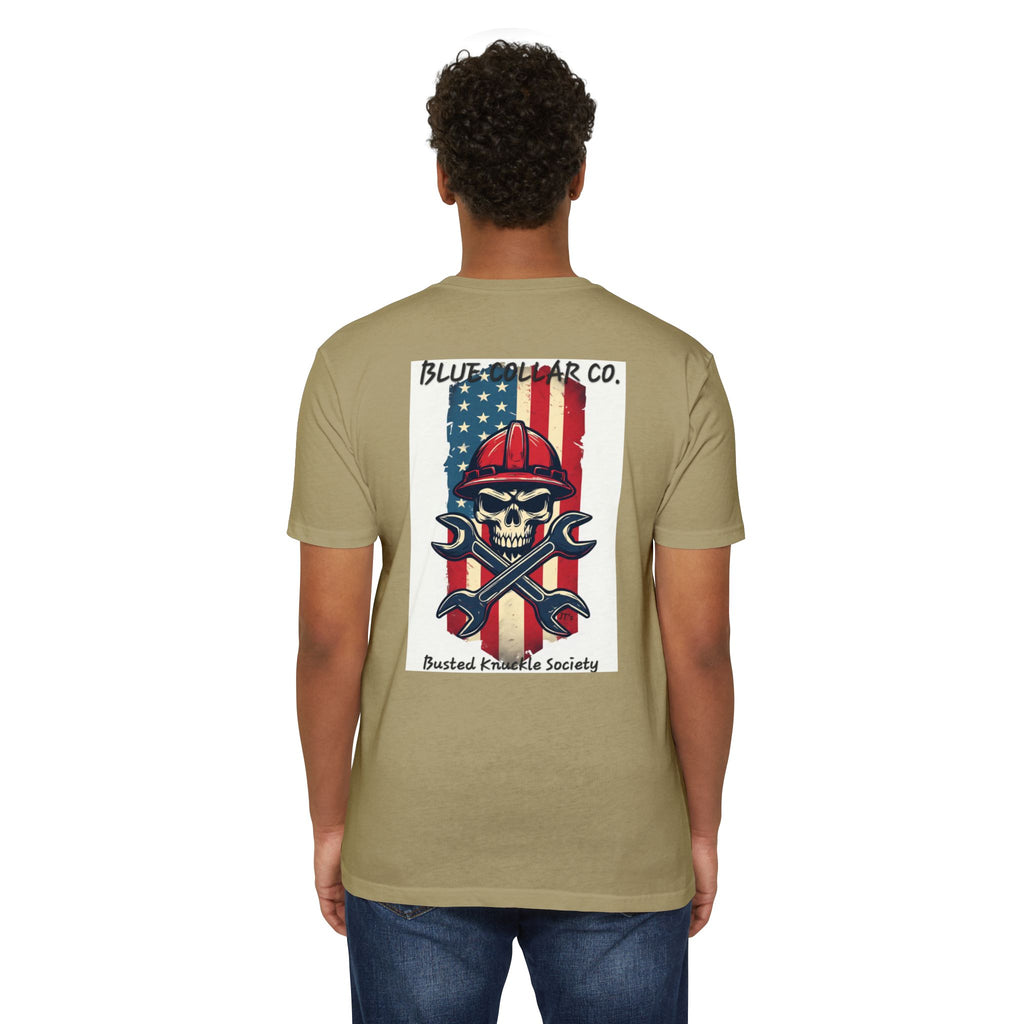 Mechanic Skull American Flag T-Shirt — "Blue Collar Co. Busted Knuckle Society"
