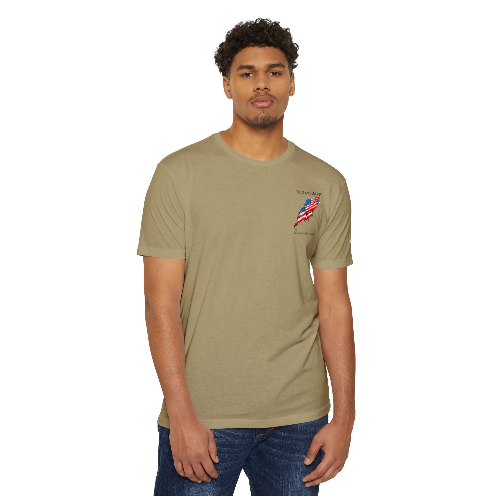 Mechanic Skull American Flag T-Shirt — "Blue Collar Co. Busted Knuckle Society"