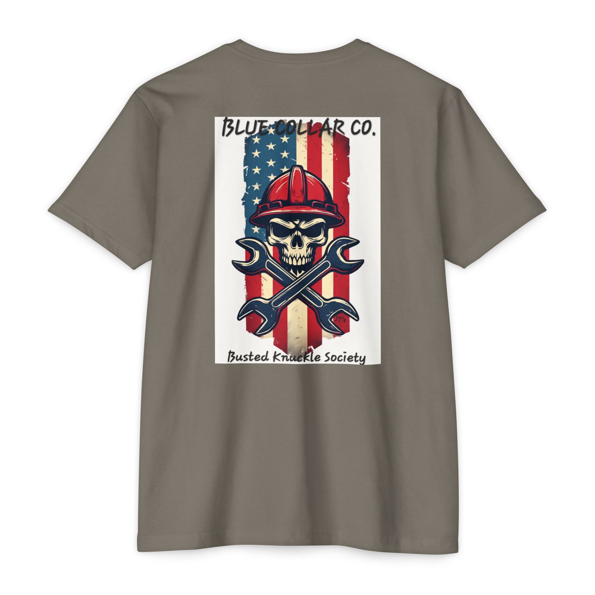 Mechanic Skull American Flag T-Shirt — "Blue Collar Co. Busted Knuckle Society"