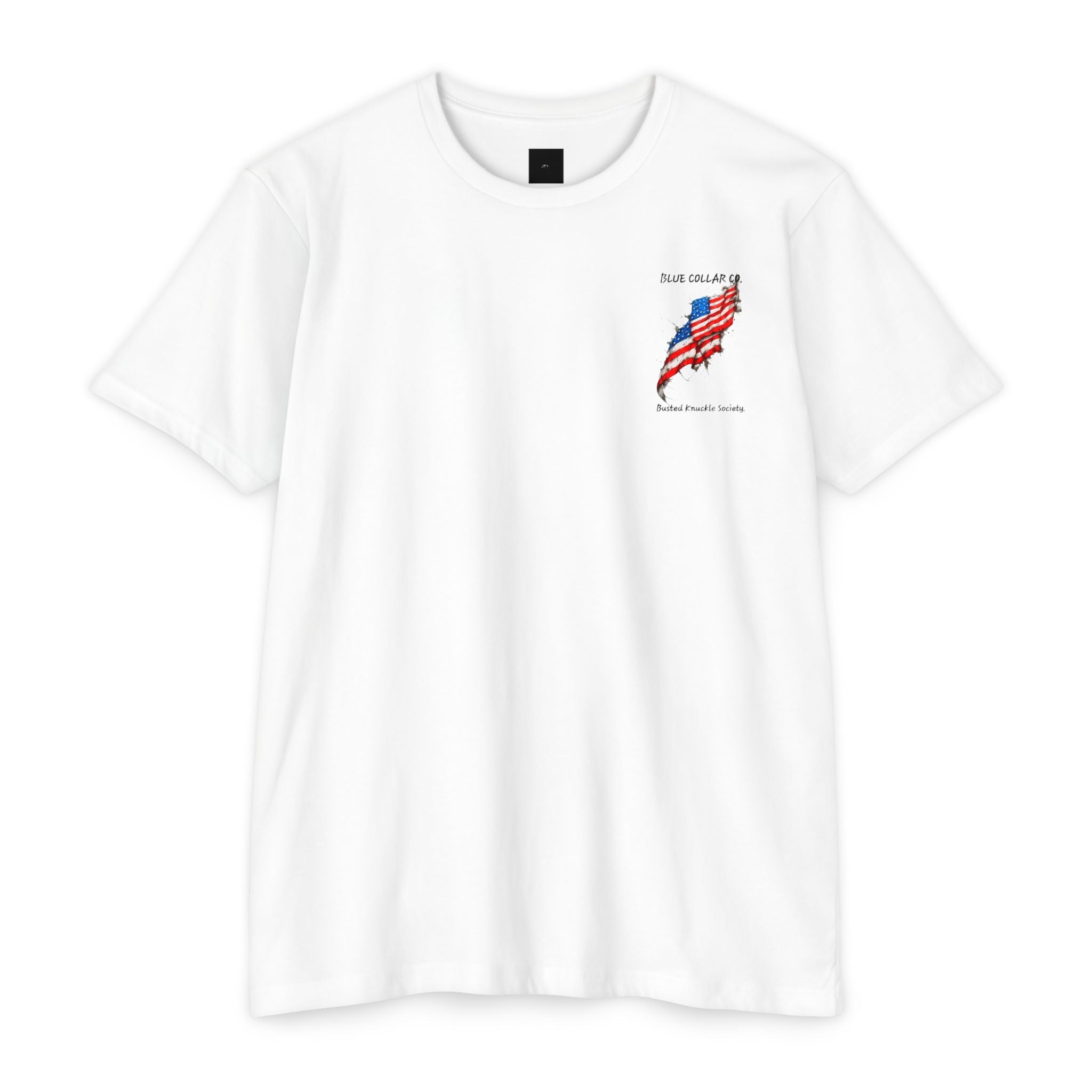 Mechanic Skull American Flag T-Shirt — "Blue Collar Co. Busted Knuckle Society"