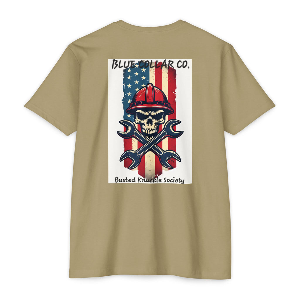 Mechanic Skull American Flag T-Shirt — "Blue Collar Co. Busted Knuckle Society"