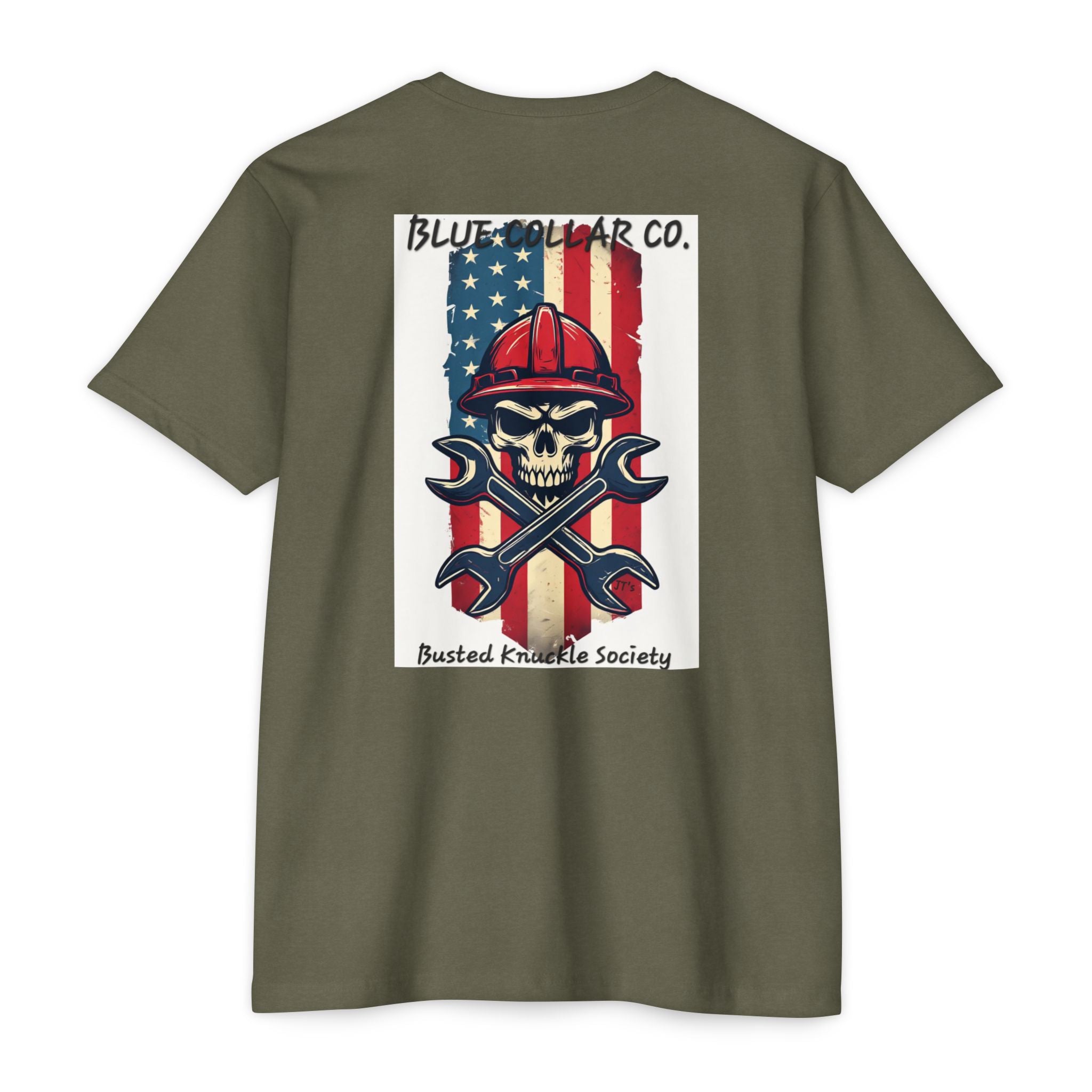 Mechanic Skull American Flag T-Shirt — "Blue Collar Co. Busted Knuckle Society"