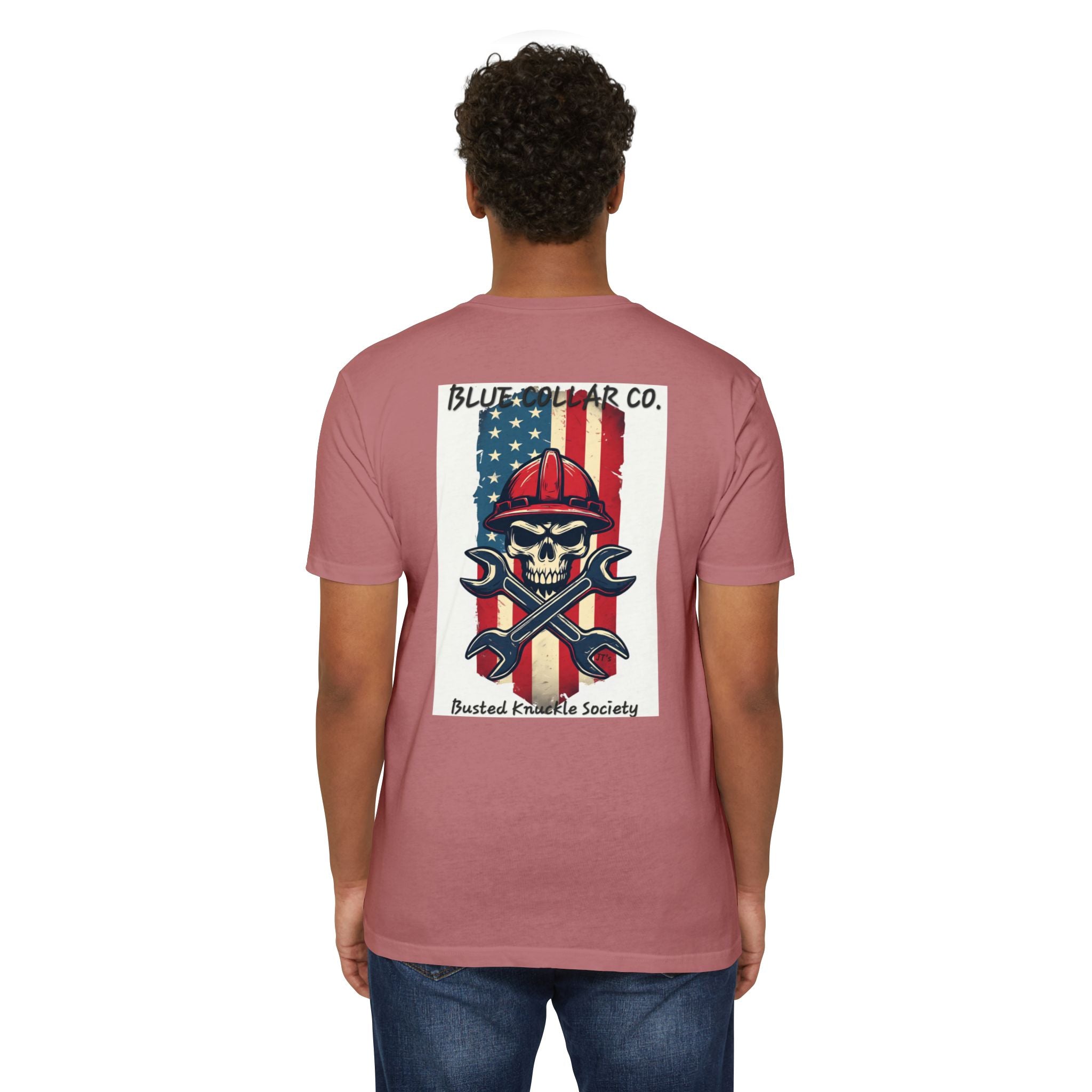 Mechanic Skull American Flag T-Shirt — "Blue Collar Co. Busted Knuckle Society"