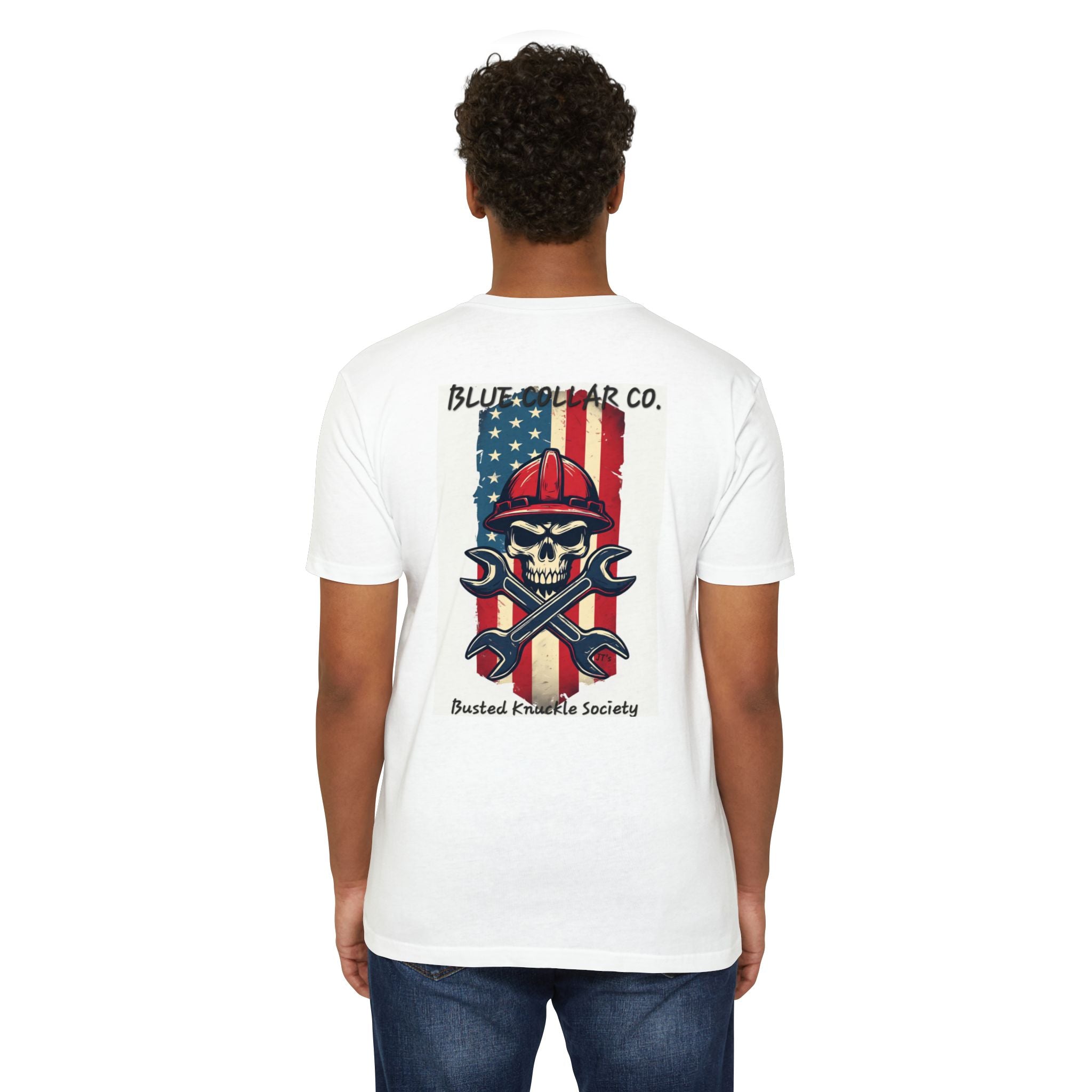 Mechanic Skull American Flag T-Shirt — "Blue Collar Co. Busted Knuckle Society"