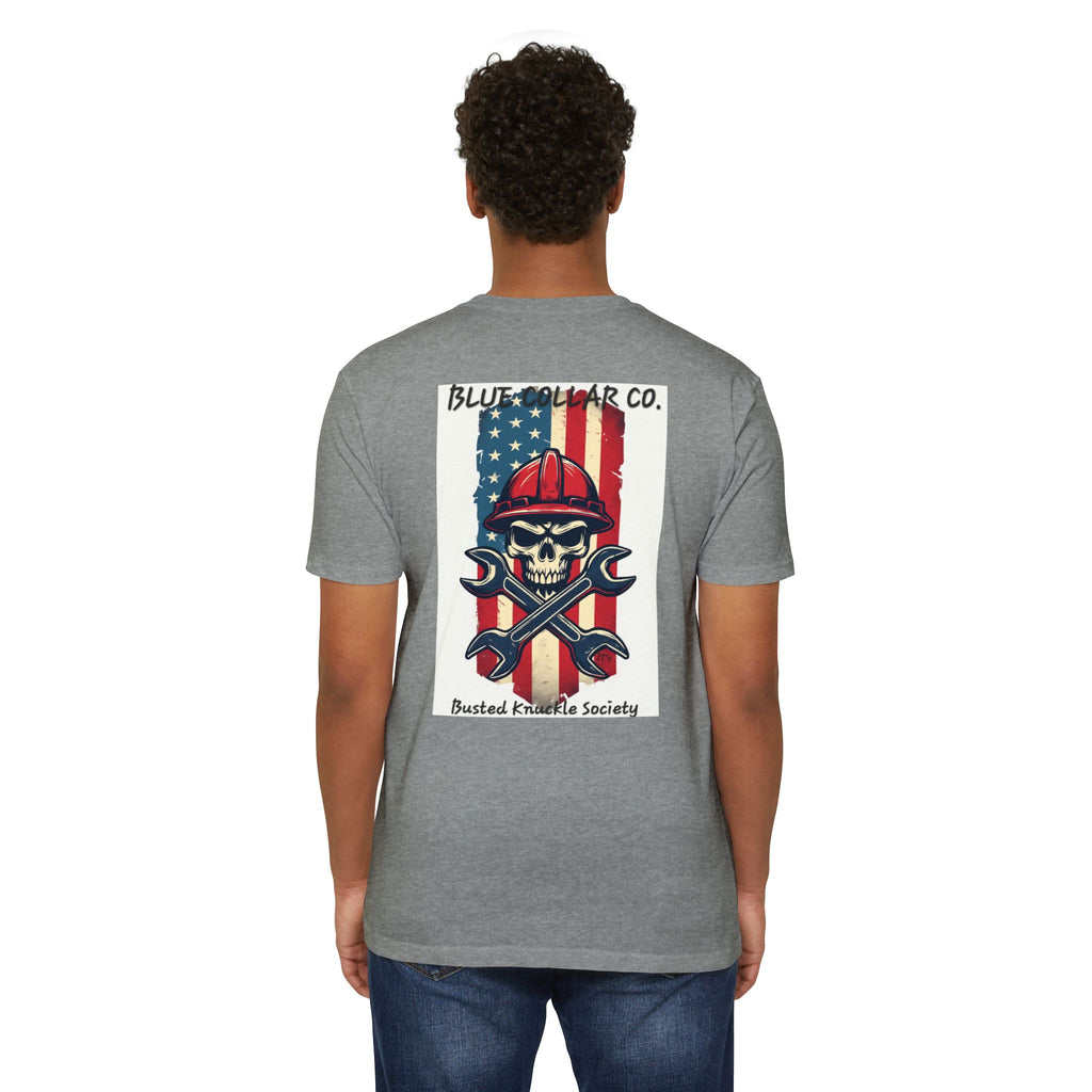 Mechanic Skull American Flag T-Shirt — "Blue Collar Co. Busted Knuckle Society"