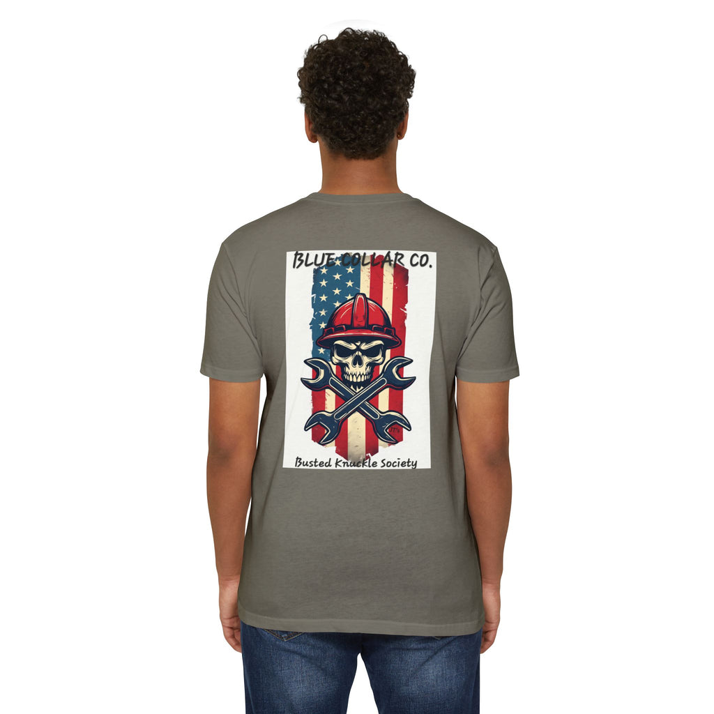 Mechanic Skull American Flag T-Shirt — "Blue Collar Co. Busted Knuckle Society"