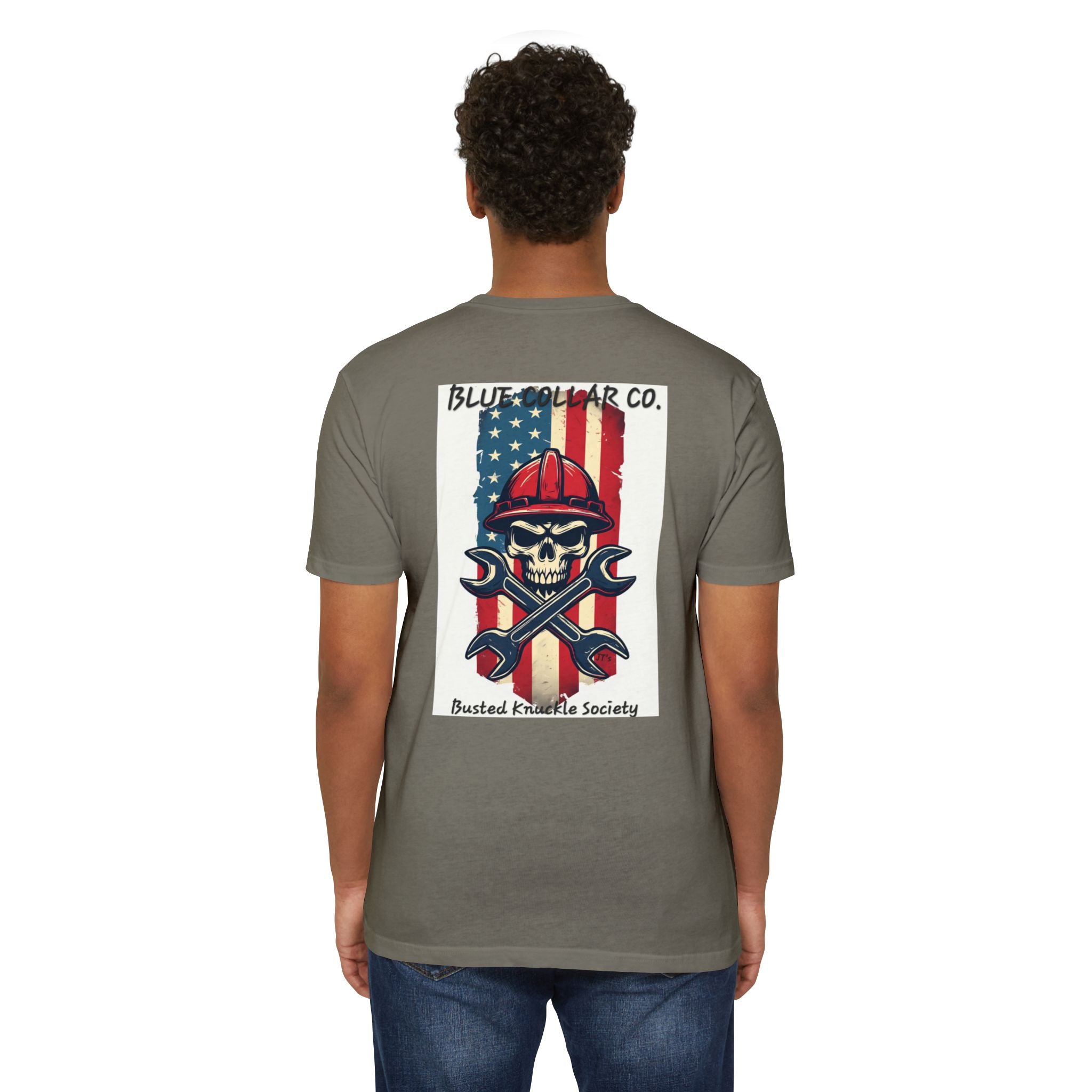 Mechanic Skull American Flag T-Shirt — "Blue Collar Co. Busted Knuckle Society"